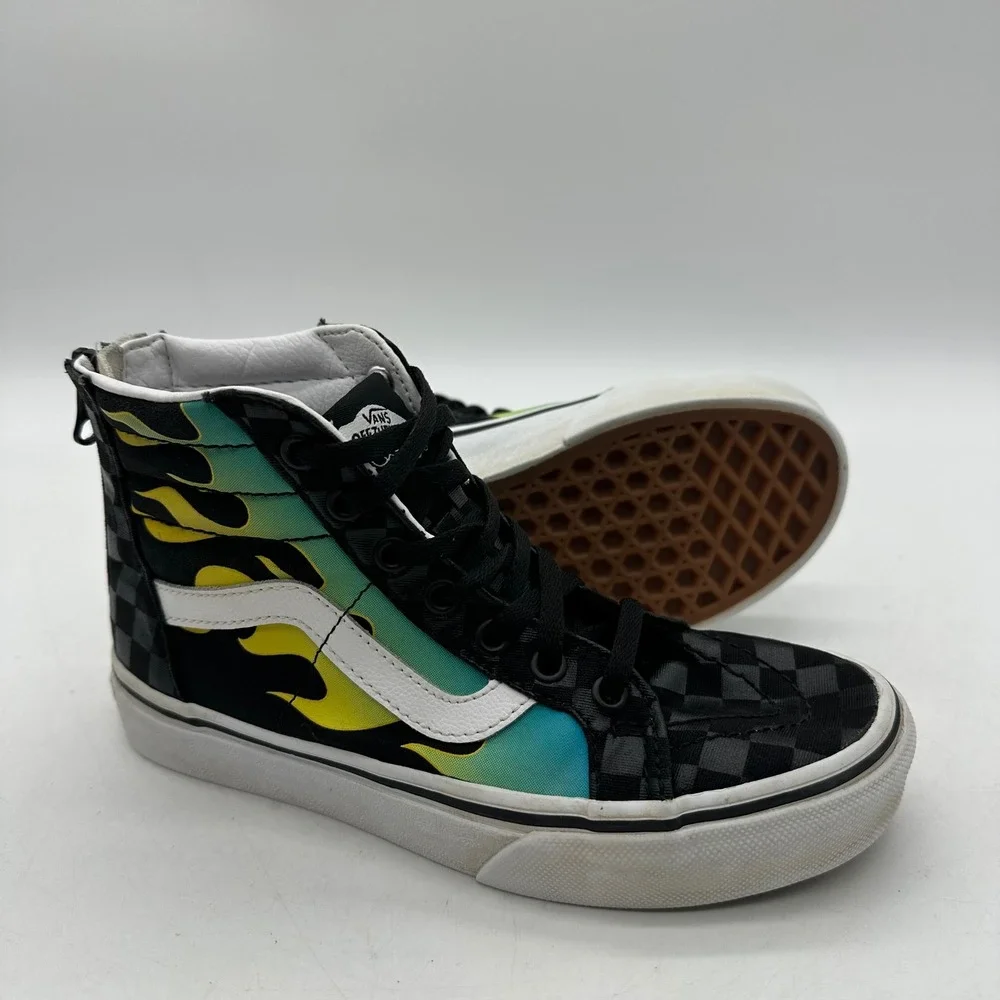 Vans 721454 Sk8‎ Hi Zip Kids Size 2.5 Youth Flame Checkered High Top Sneakers